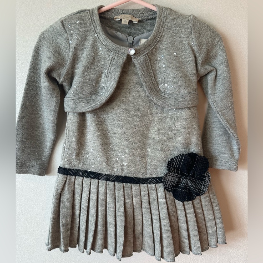 Elegant Gray baby Dress with Cardigan Floral Detail sequins unique plaid